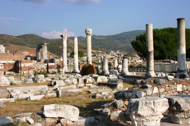 Marble columns of the Basilica of Saint John in Selçuk, near Ephesus, under a blue sky